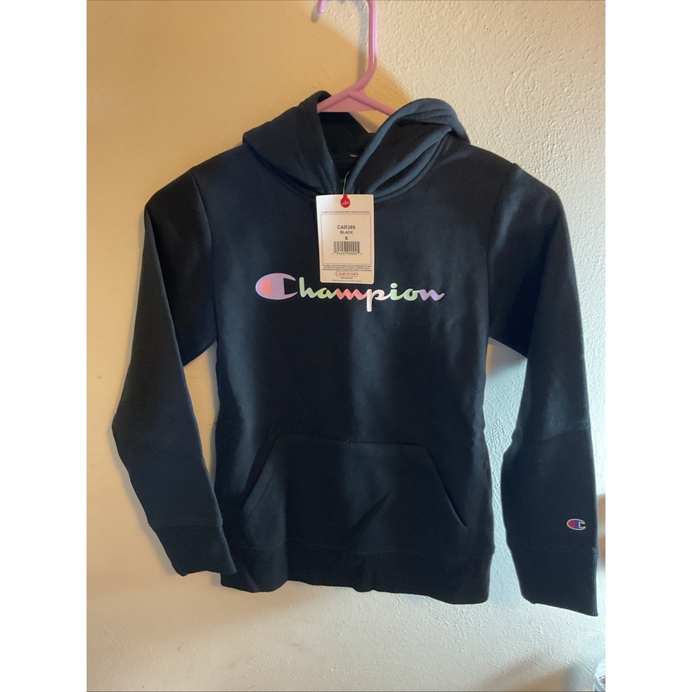 NWT Champion Rainbow Logo‎ Girls Hoodie Black kids Size 8